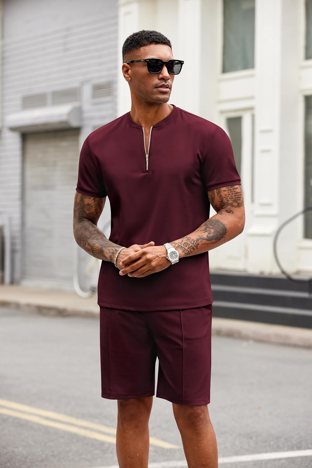 image:imageCOOFANDY Mens 2 Piece Set Short Sleeve Polo Shirt and Shorts Summer SuitsDate Red