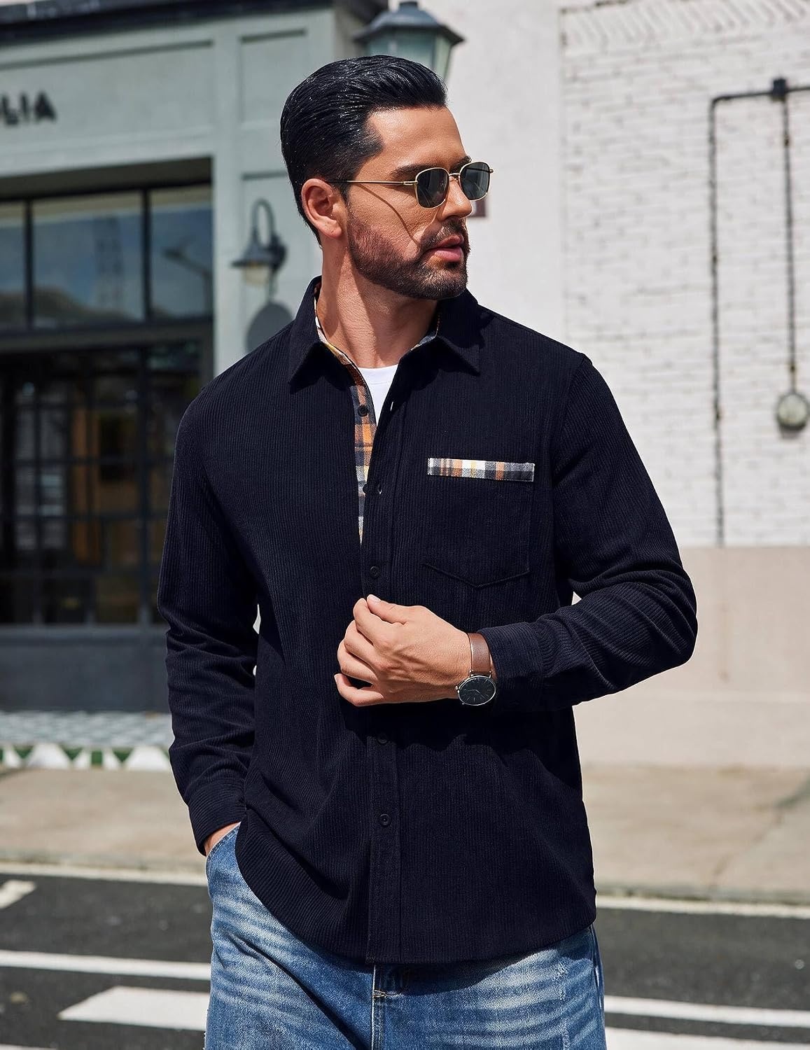 image:imageCOOFANDY Mens Button Down Shirt Long Sleeve Casual Corduroy Untucked Shirt Jacket with PocketAnavy