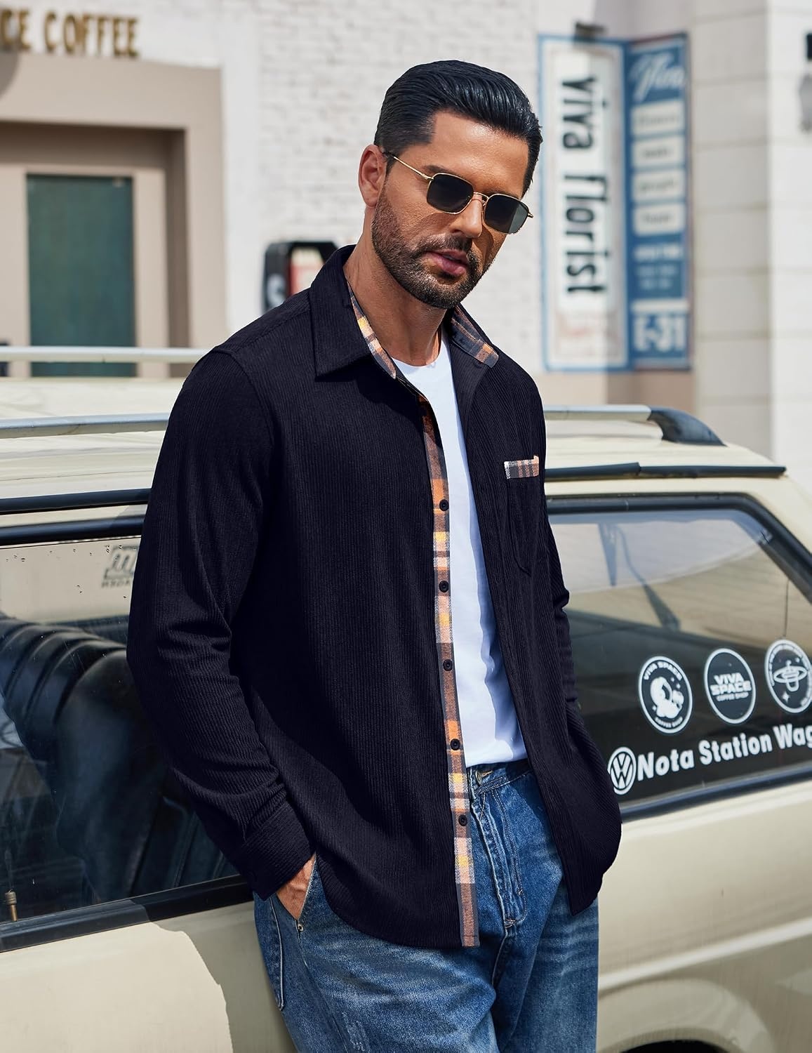 image:imageCOOFANDY Mens Button Down Shirt Long Sleeve Casual Corduroy Untucked Shirt Jacket with PocketAnavy