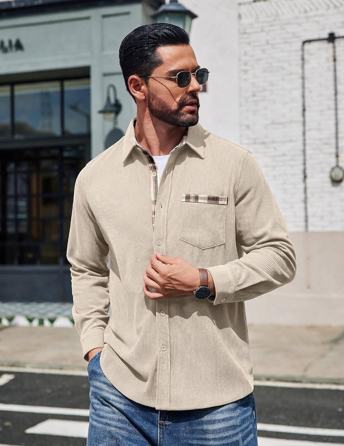 image:imageCOOFANDY Mens Button Down Shirt Long Sleeve Casual Corduroy Untucked Shirt Jacket with PocketBeige