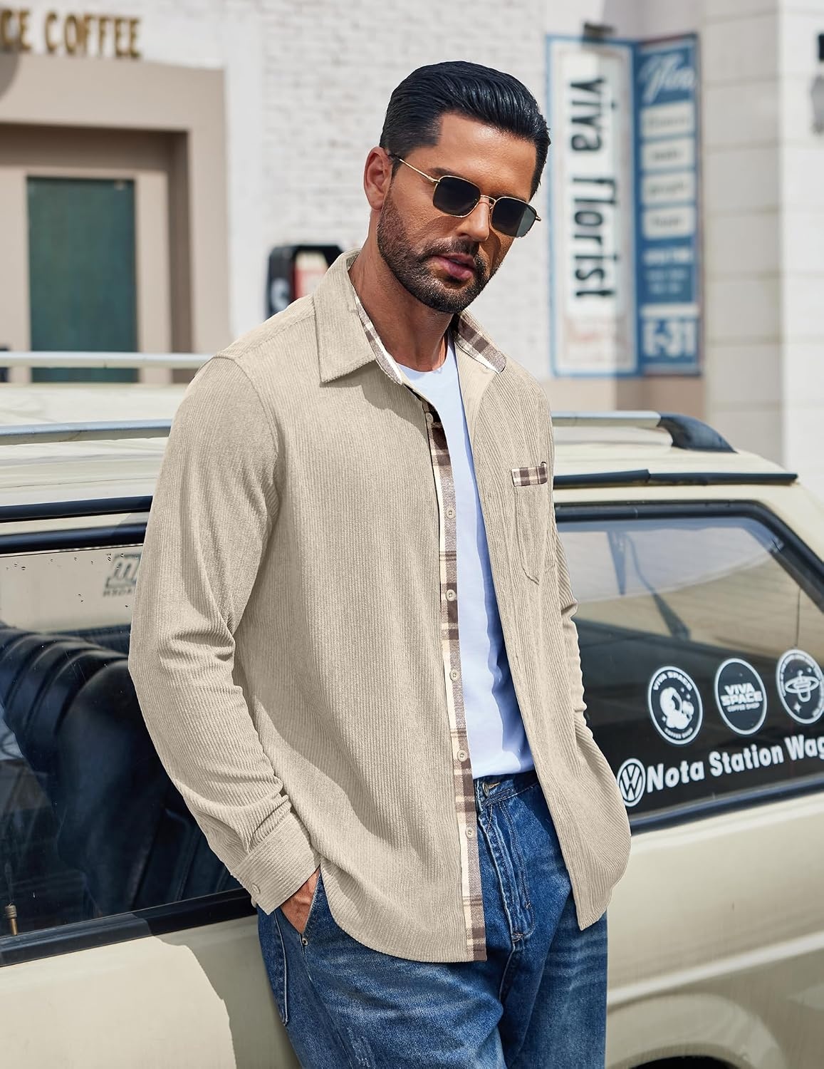 image:imageCOOFANDY Mens Button Down Shirt Long Sleeve Casual Corduroy Untucked Shirt Jacket with PocketBeige
