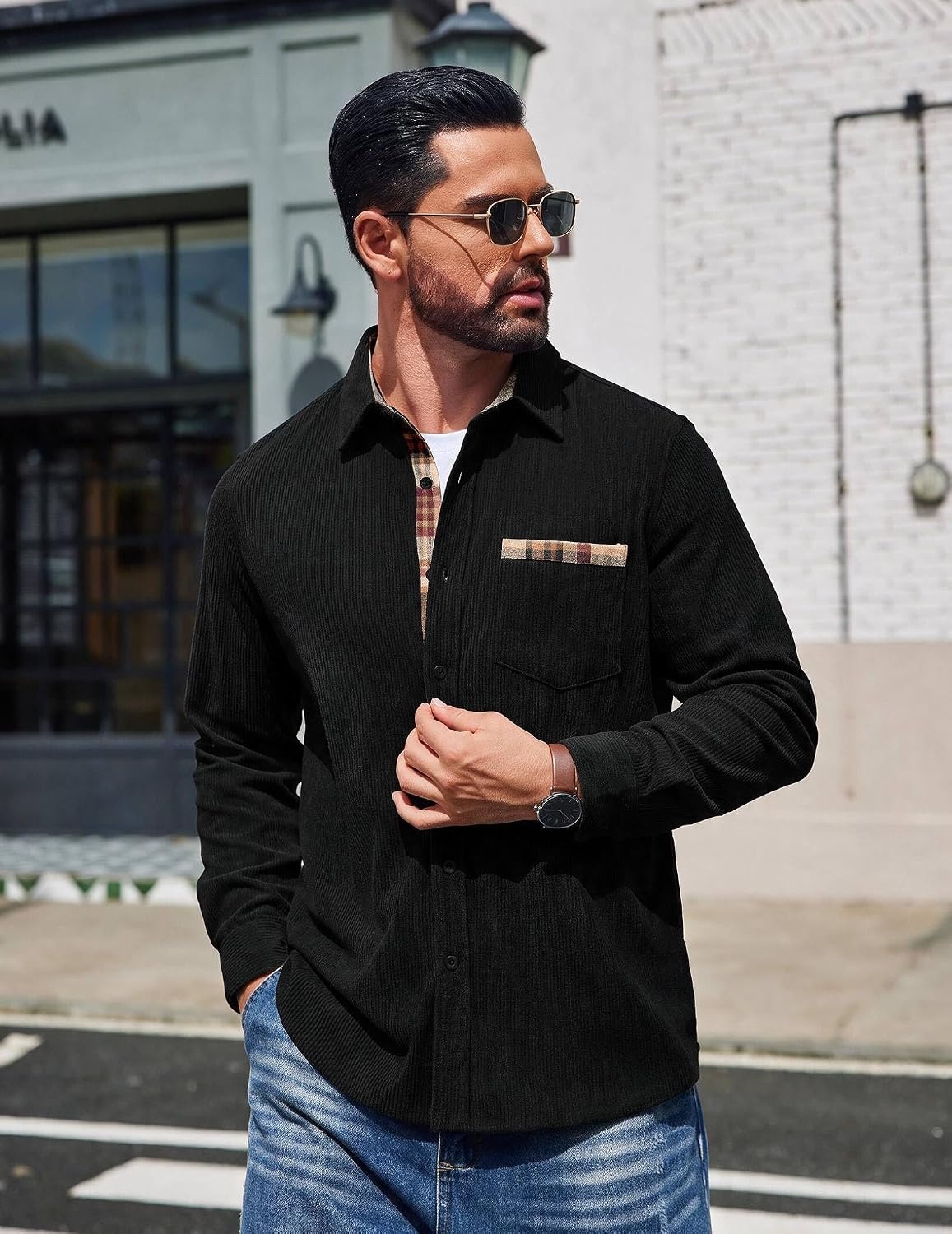 image:imageCOOFANDY Mens Button Down Shirt Long Sleeve Casual Corduroy Untucked Shirt Jacket with PocketBlack