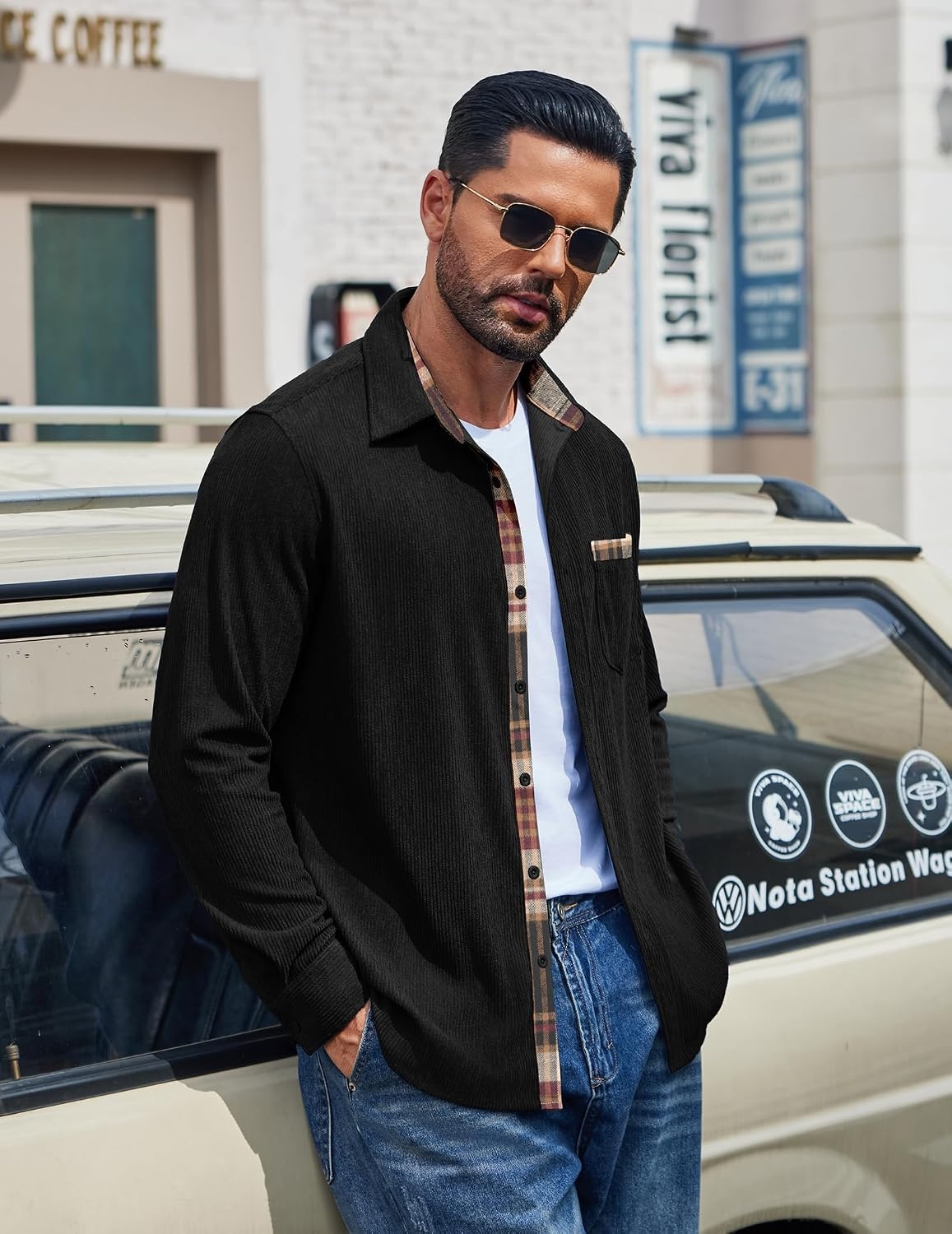 image:imageCOOFANDY Mens Button Down Shirt Long Sleeve Casual Corduroy Untucked Shirt Jacket with PocketBlack