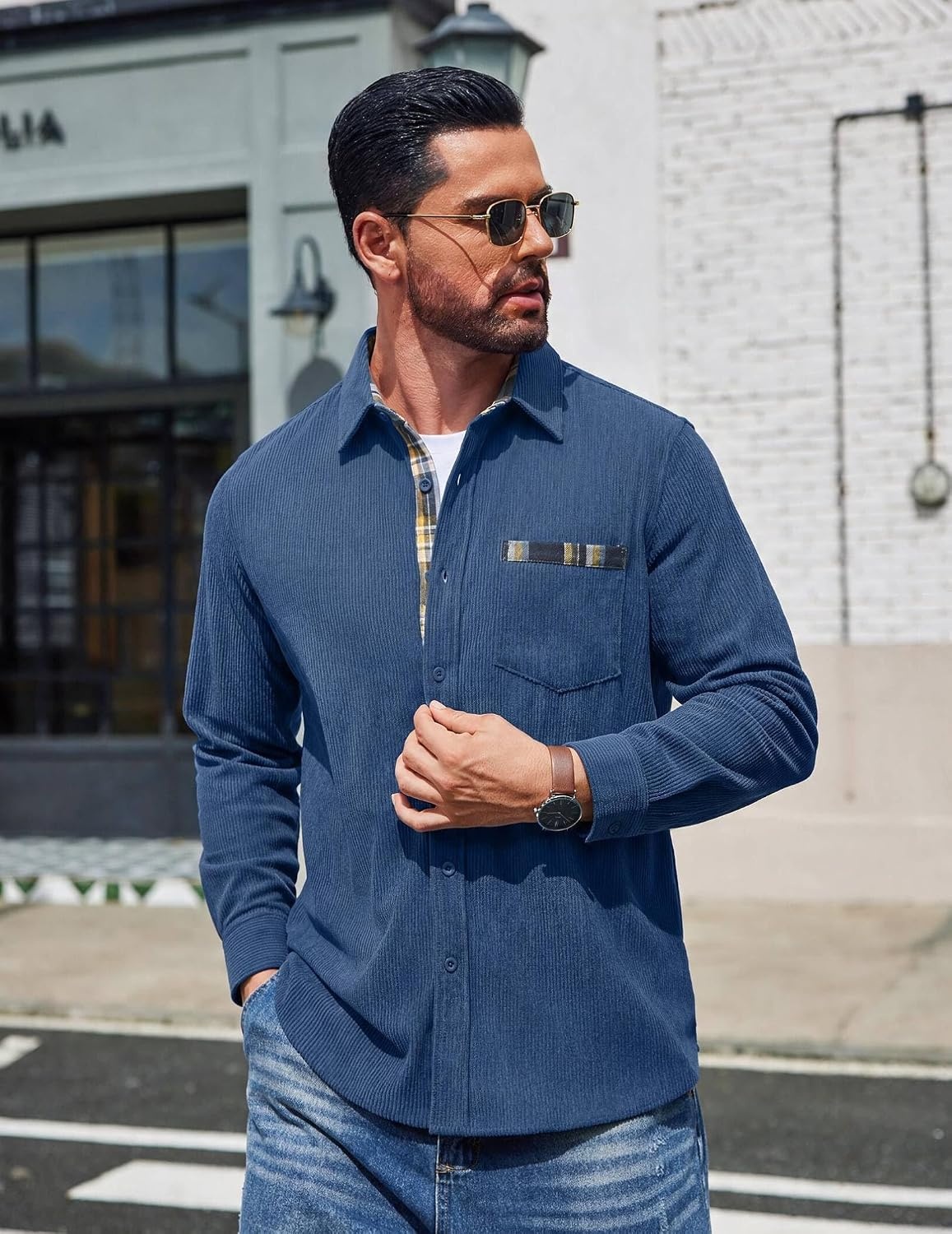 image:imageCOOFANDY Mens Button Down Shirt Long Sleeve Casual Corduroy Untucked Shirt Jacket with PocketBlue