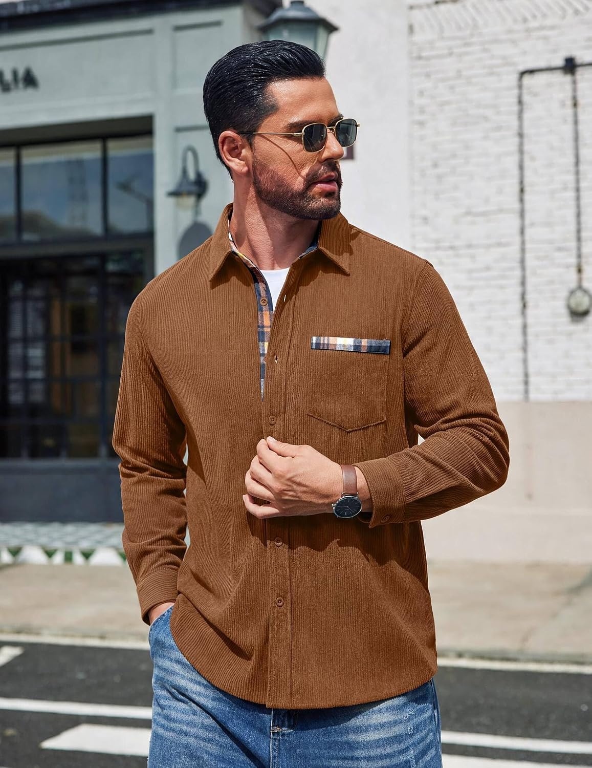 image:imageCOOFANDY Mens Button Down Shirt Long Sleeve Casual Corduroy Untucked Shirt Jacket with PocketCaramel