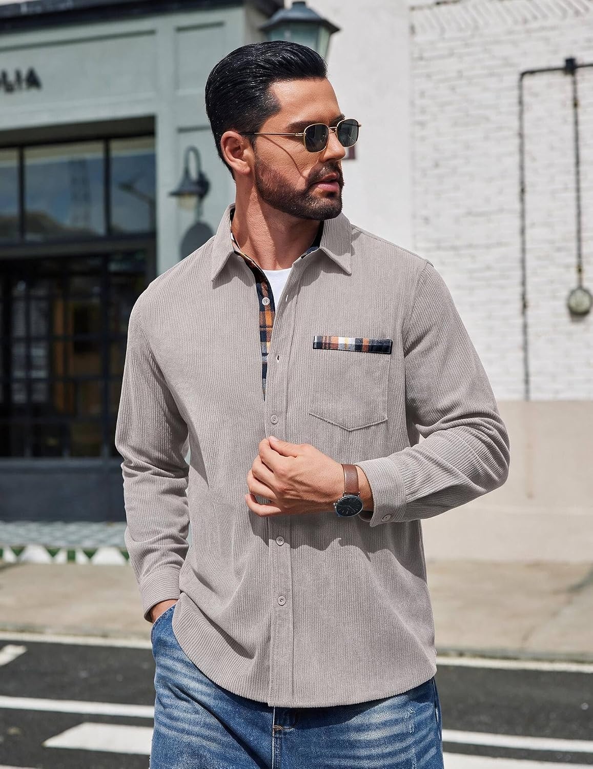 image:imageCOOFANDY Mens Button Down Shirt Long Sleeve Casual Corduroy Untucked Shirt Jacket with PocketLight Grey