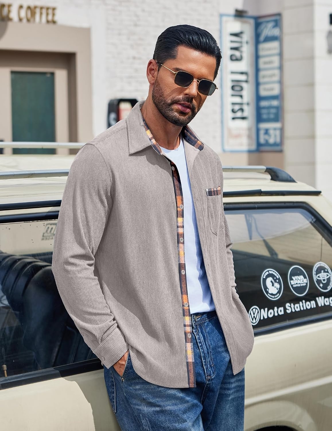image:imageCOOFANDY Mens Button Down Shirt Long Sleeve Casual Corduroy Untucked Shirt Jacket with PocketLight Grey