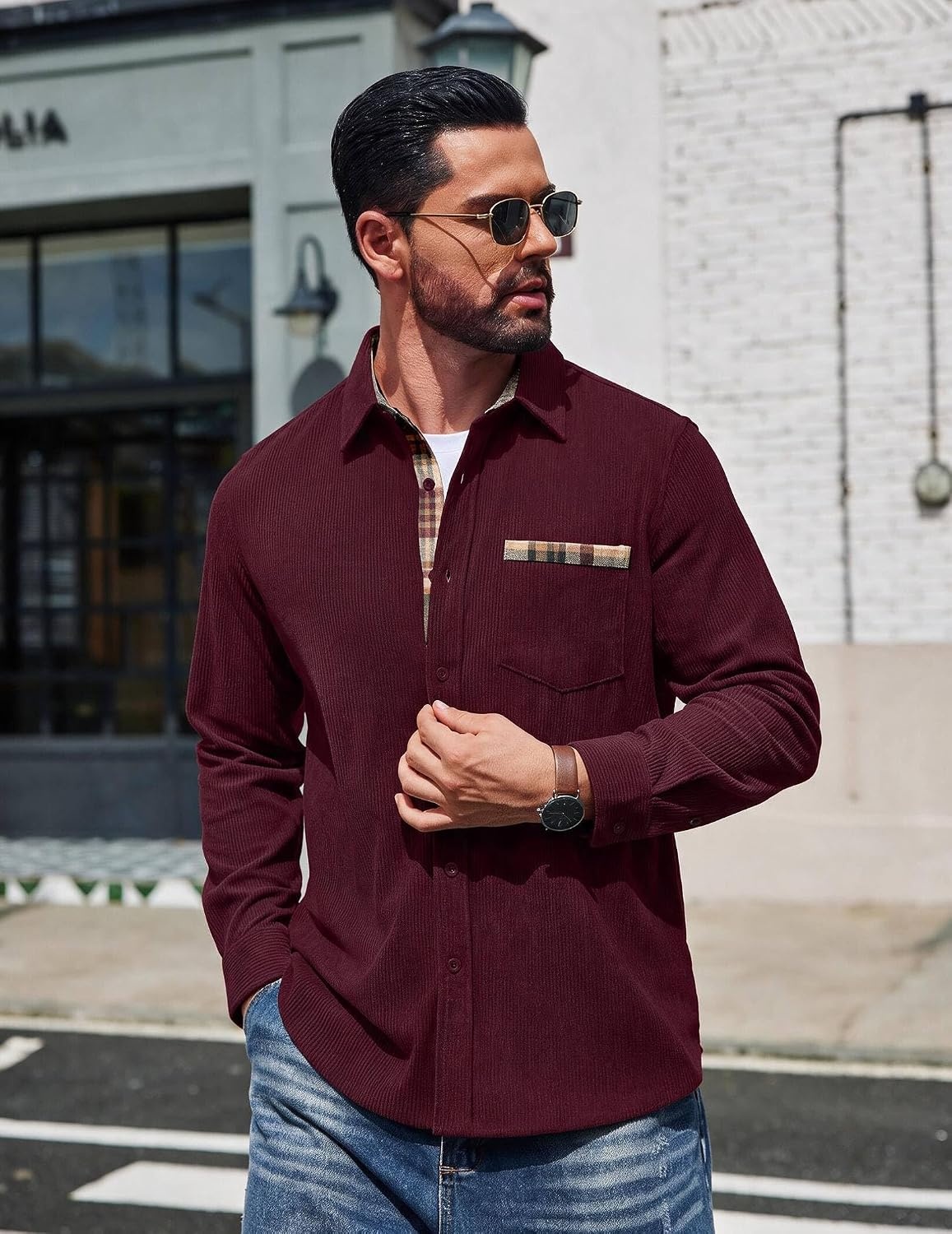 image:imageCOOFANDY Mens Button Down Shirt Long Sleeve Casual Corduroy Untucked Shirt Jacket with PocketRed