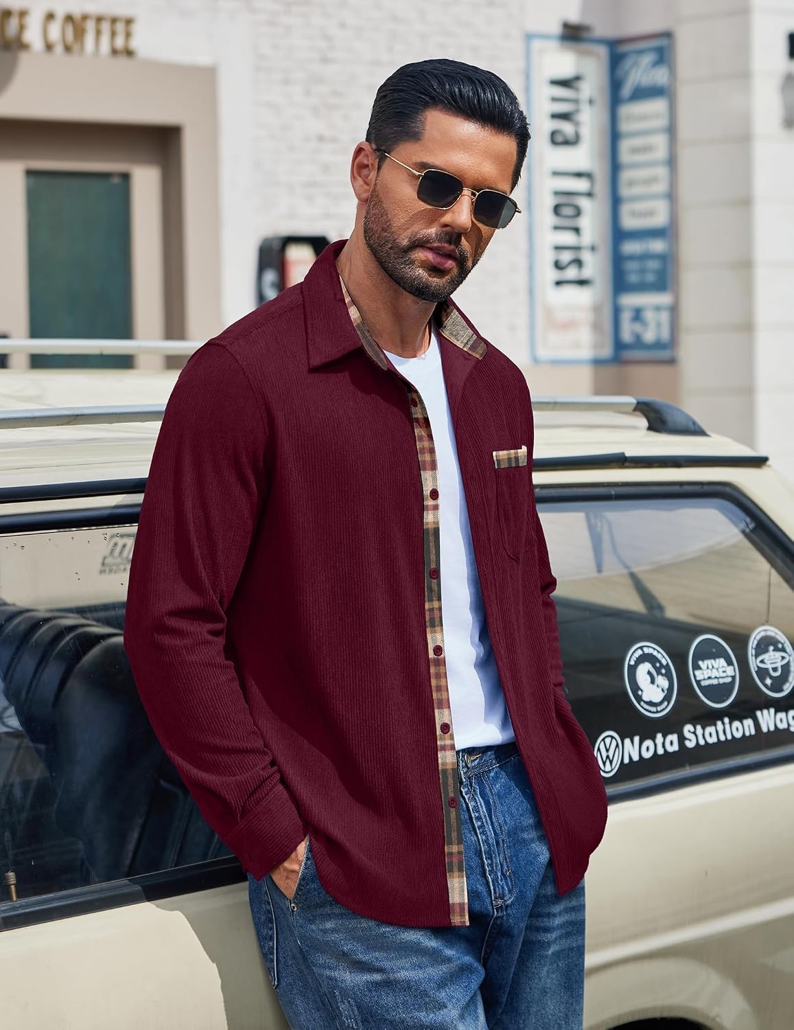 image:imageCOOFANDY Mens Button Down Shirt Long Sleeve Casual Corduroy Untucked Shirt Jacket with PocketRed