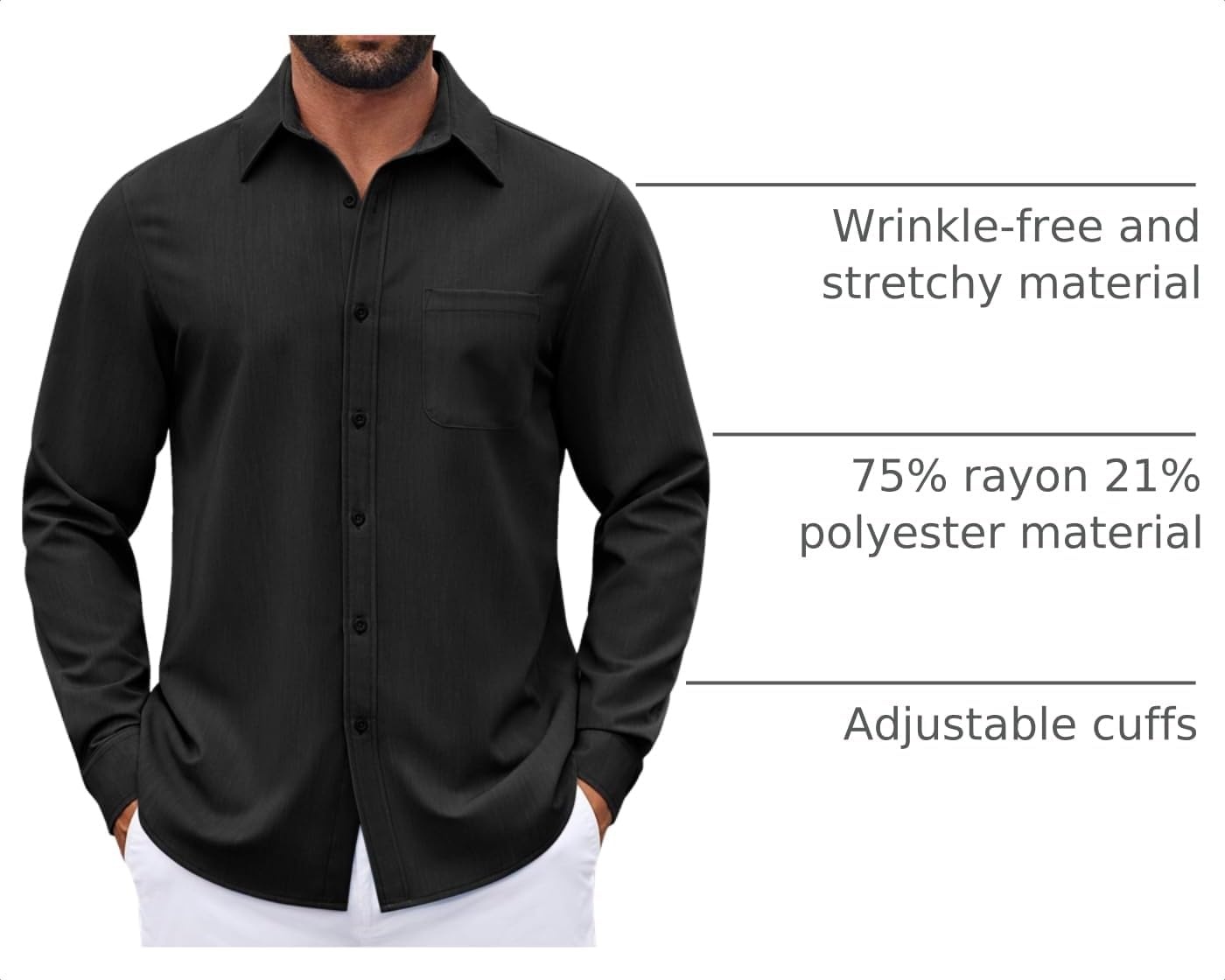 image:imageCOOFANDY Mens Dress Shirts Untucked Long Sleeve Button Down Denim Shirt Stretch Business Casual ShirtsBlack