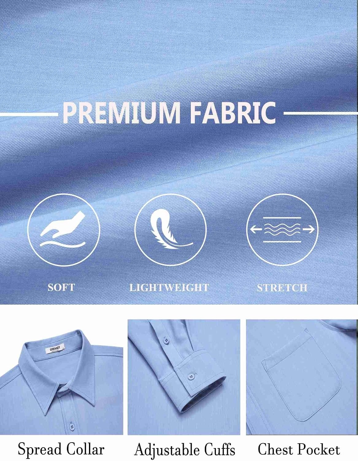 image:imageCOOFANDY Mens Dress Shirts Untucked Long Sleeve Button Down Denim Shirt Stretch Business Casual ShirtsBlue