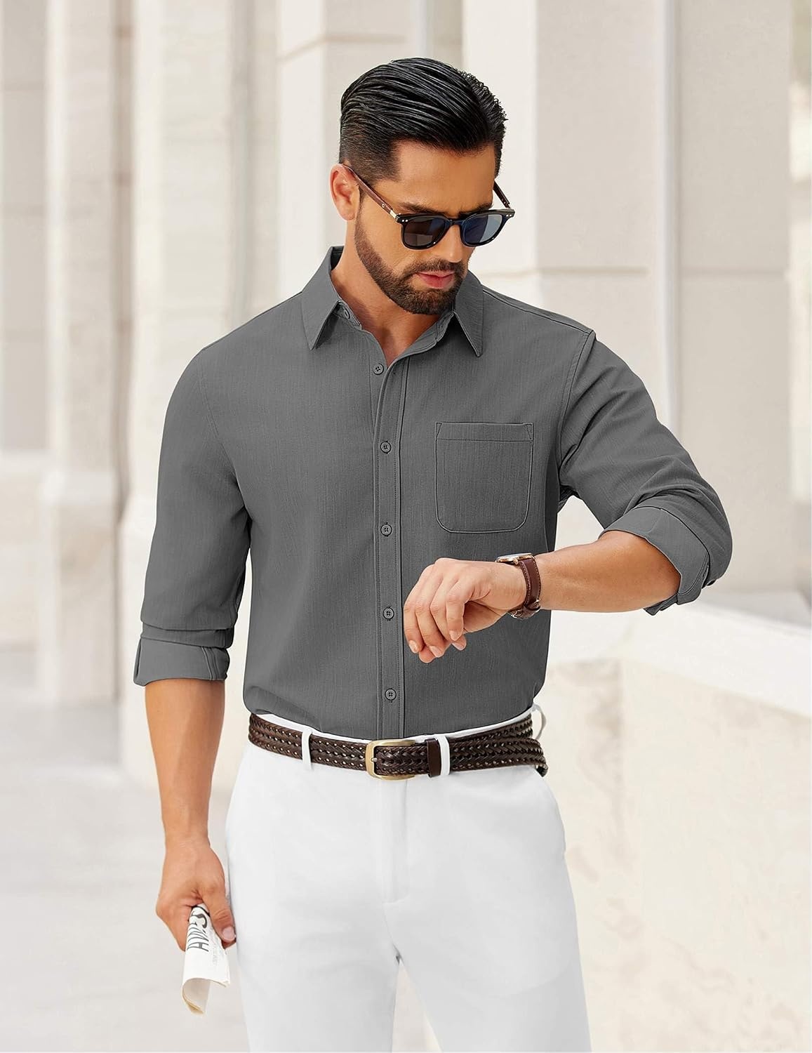 image:imageCOOFANDY Mens Dress Shirts Untucked Long Sleeve Button Down Denim Shirt Stretch Business Casual ShirtsDark Grey