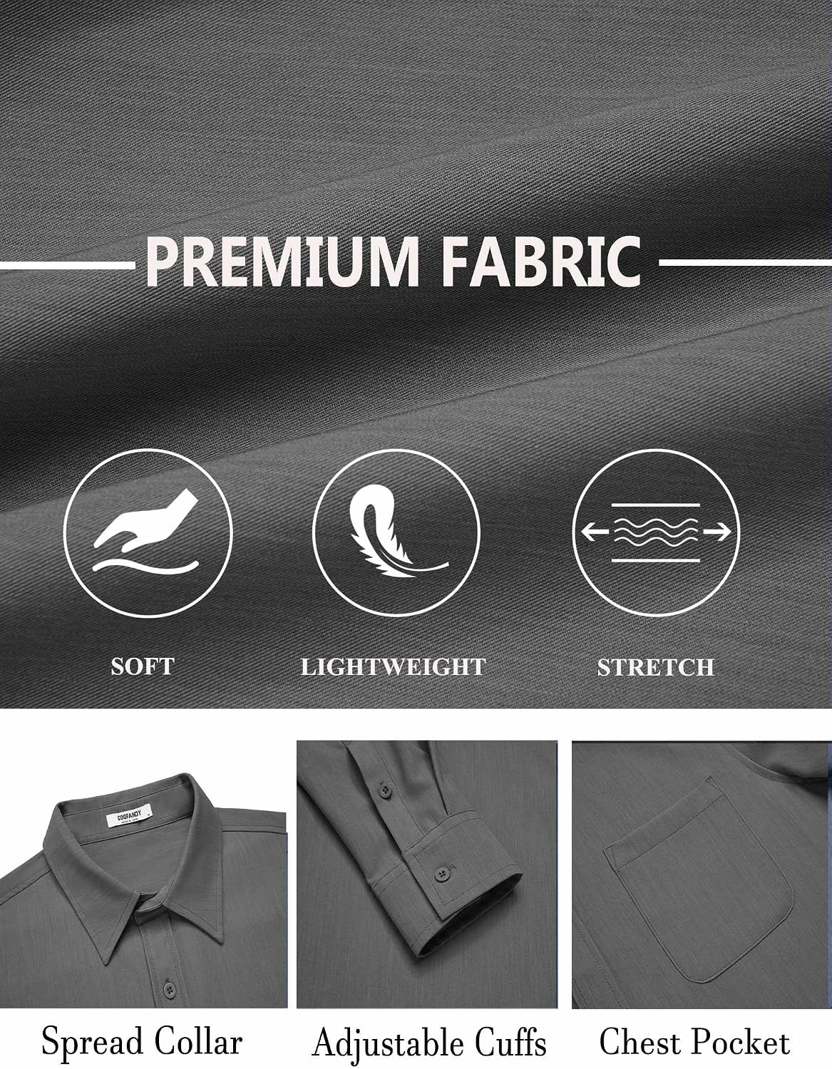 image:imageCOOFANDY Mens Dress Shirts Untucked Long Sleeve Button Down Denim Shirt Stretch Business Casual ShirtsDark Grey