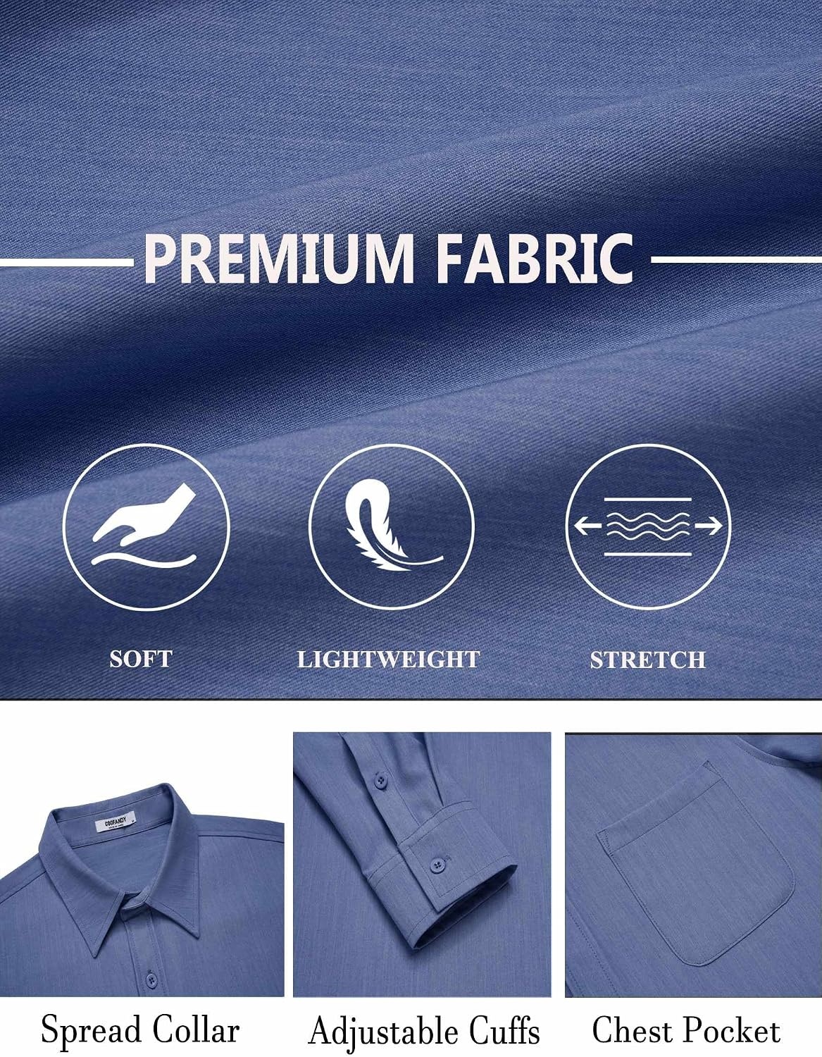 image:imageCOOFANDY Mens Dress Shirts Untucked Long Sleeve Button Down Denim Shirt Stretch Business Casual ShirtsDeep Blue