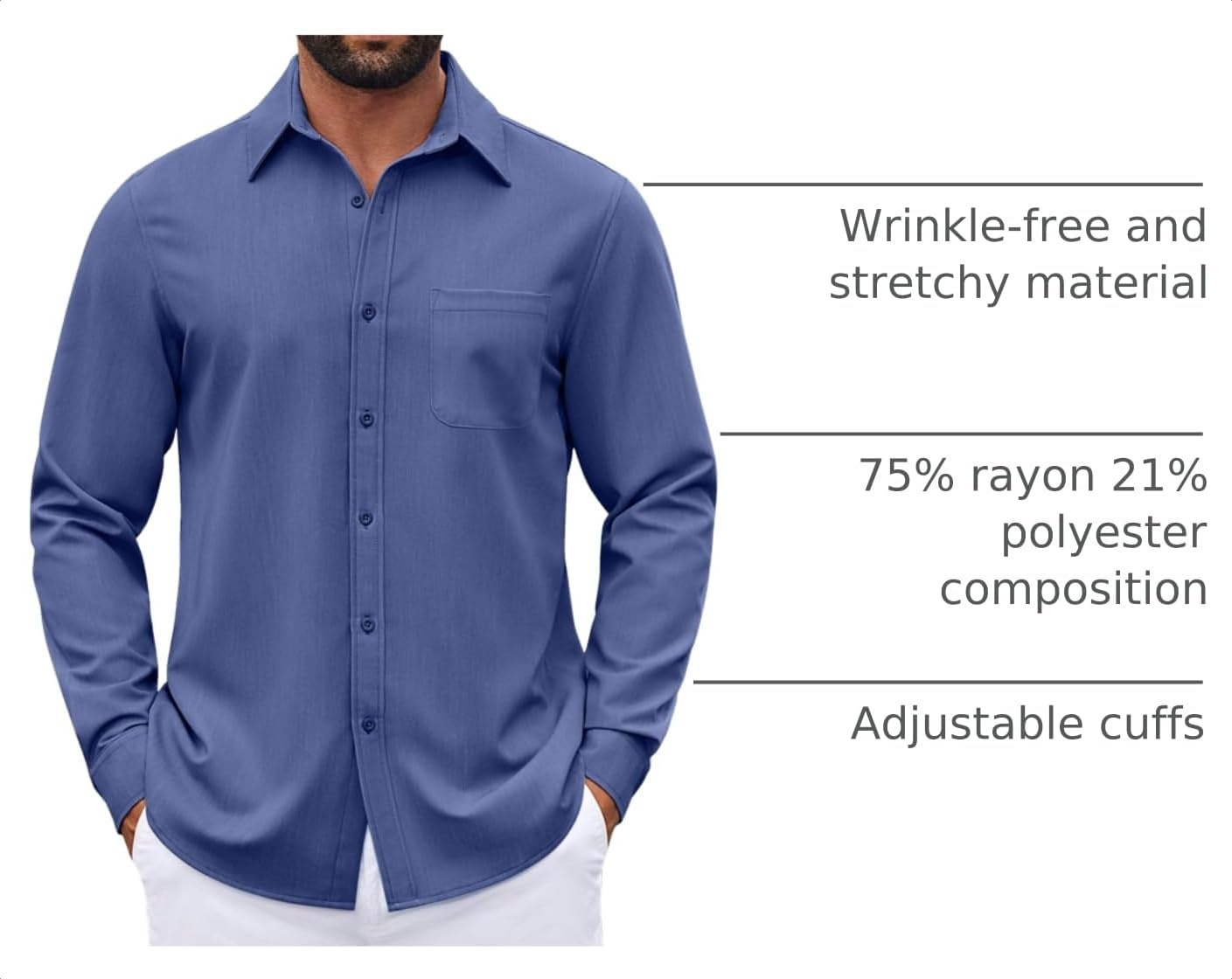 image:imageCOOFANDY Mens Dress Shirts Untucked Long Sleeve Button Down Denim Shirt Stretch Business Casual ShirtsDeep Blue