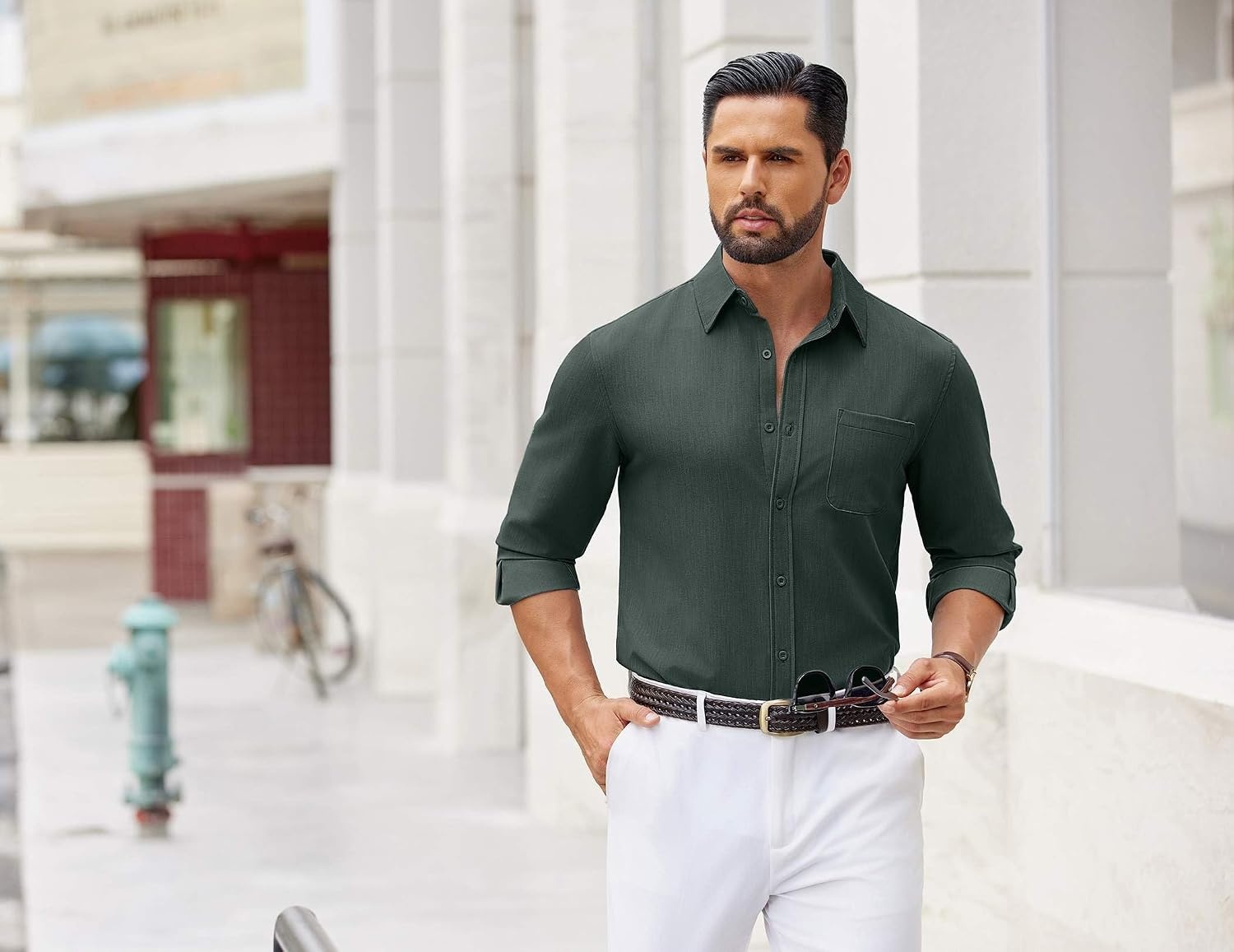 image:imageCOOFANDY Mens Dress Shirts Untucked Long Sleeve Button Down Denim Shirt Stretch Business Casual ShirtsDeep Green