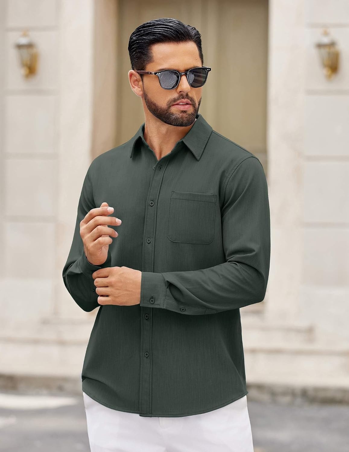 image:imageCOOFANDY Mens Dress Shirts Untucked Long Sleeve Button Down Denim Shirt Stretch Business Casual ShirtsDeep Green