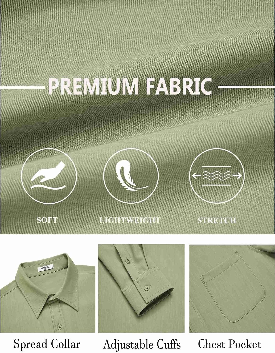 image:imageCOOFANDY Mens Dress Shirts Untucked Long Sleeve Button Down Denim Shirt Stretch Business Casual ShirtsLight Green