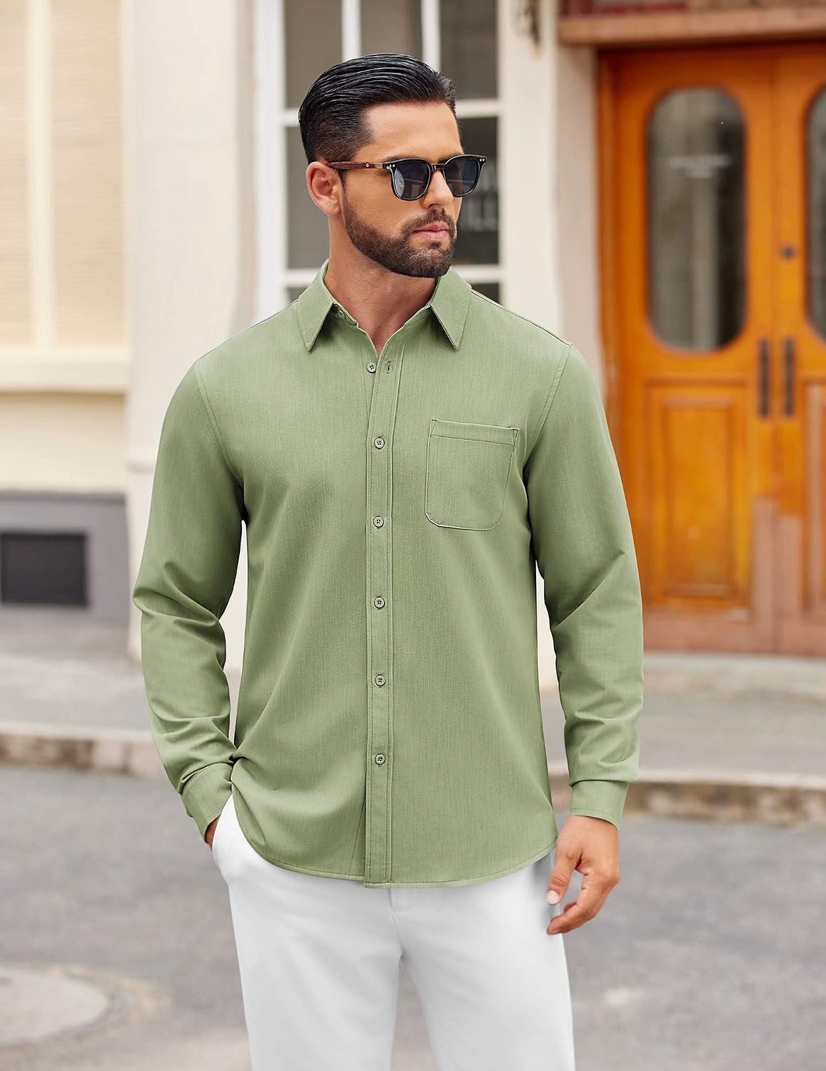 image:imageCOOFANDY Mens Dress Shirts Untucked Long Sleeve Button Down Denim Shirt Stretch Business Casual ShirtsLight Green