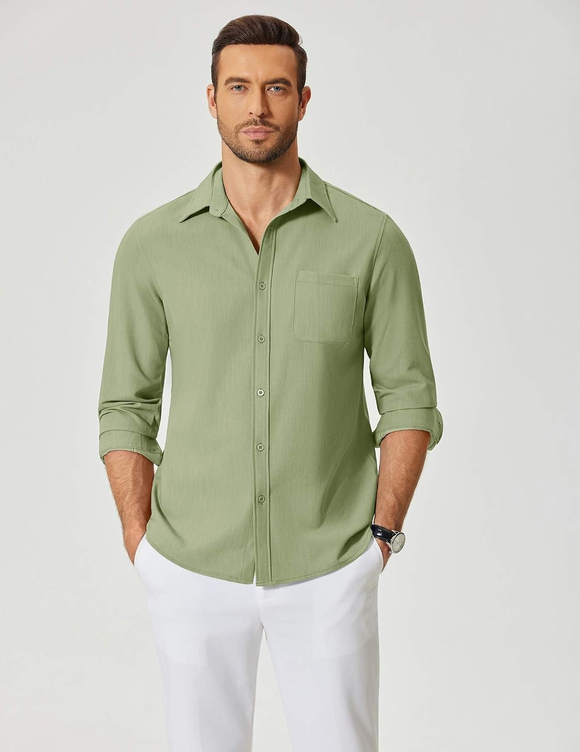 image:imageCOOFANDY Mens Dress Shirts Untucked Long Sleeve Button Down Denim Shirt Stretch Business Casual ShirtsLight Green