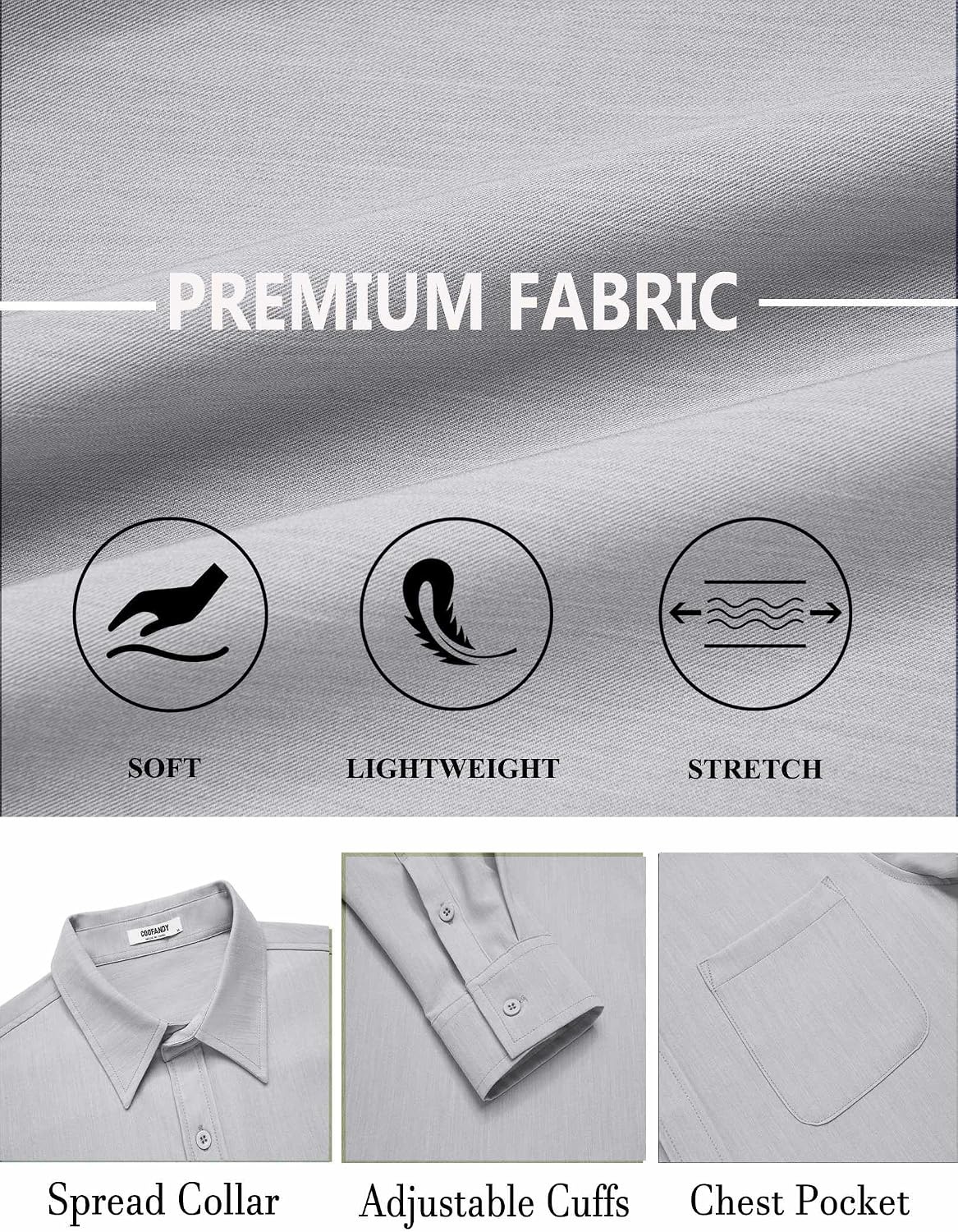 image:imageCOOFANDY Mens Dress Shirts Untucked Long Sleeve Button Down Denim Shirt Stretch Business Casual ShirtsLight Grey