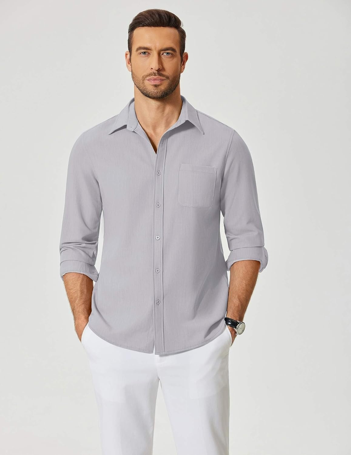 image:imageCOOFANDY Mens Dress Shirts Untucked Long Sleeve Button Down Denim Shirt Stretch Business Casual ShirtsLight Grey