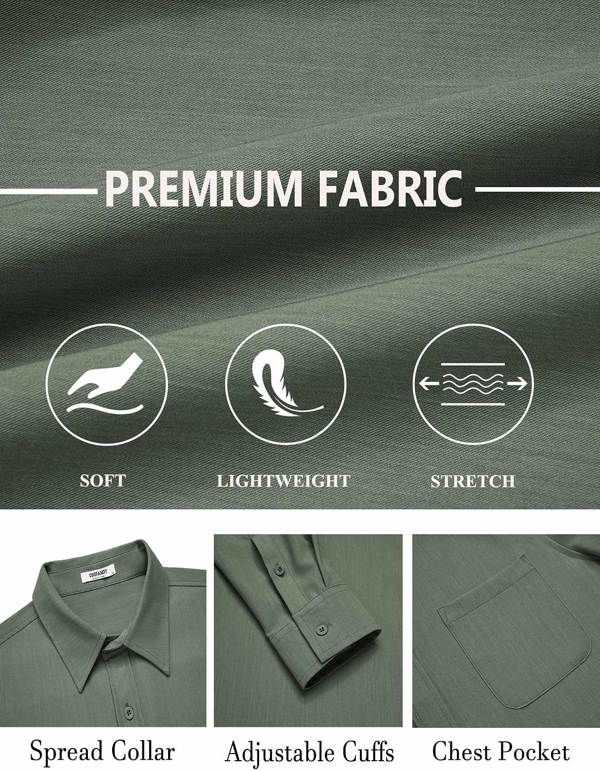 image:imageCOOFANDY Mens Dress Shirts Untucked Long Sleeve Button Down Denim Shirt Stretch Business Casual ShirtsOlive Green