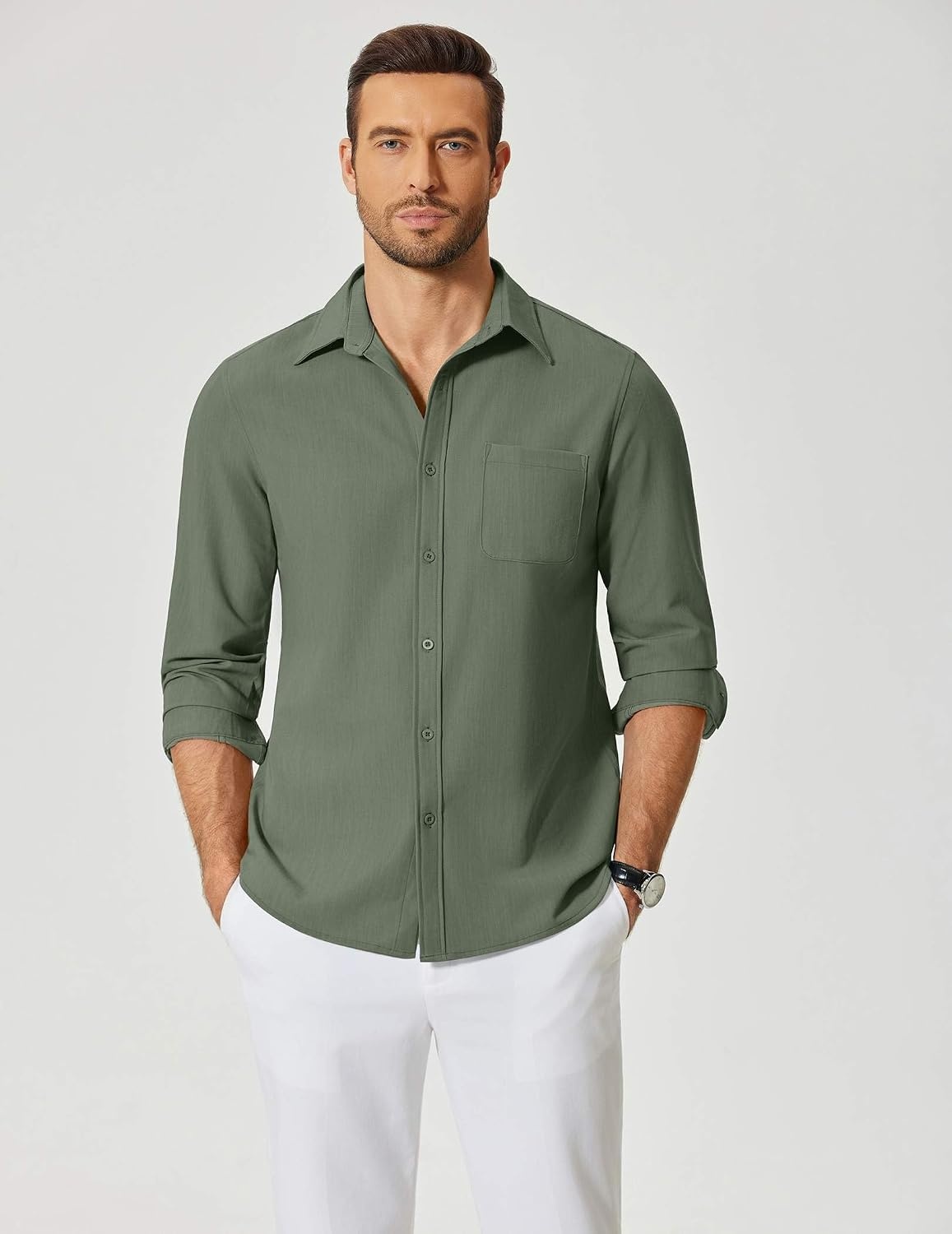 image:imageCOOFANDY Mens Dress Shirts Untucked Long Sleeve Button Down Denim Shirt Stretch Business Casual ShirtsOlive Green