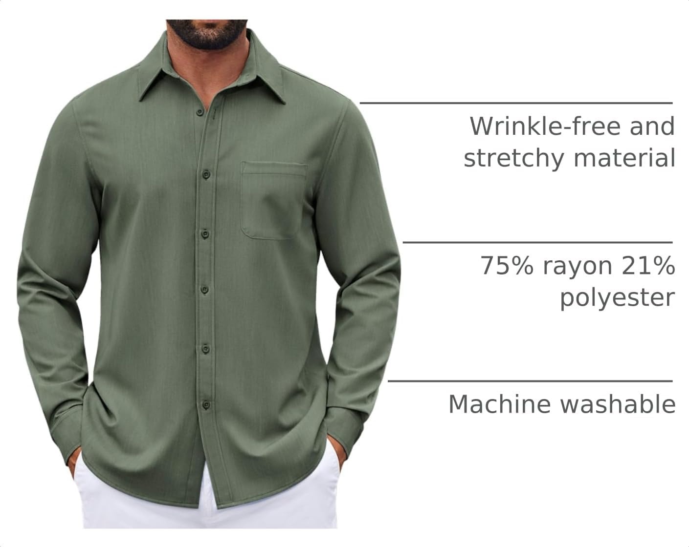 image:imageCOOFANDY Mens Dress Shirts Untucked Long Sleeve Button Down Denim Shirt Stretch Business Casual ShirtsOlive Green