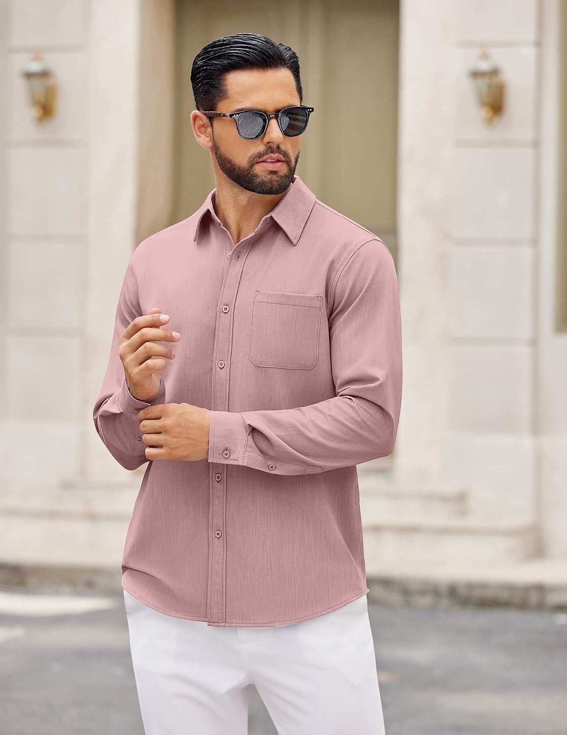 image:imageCOOFANDY Mens Dress Shirts Untucked Long Sleeve Button Down Denim Shirt Stretch Business Casual ShirtsPink