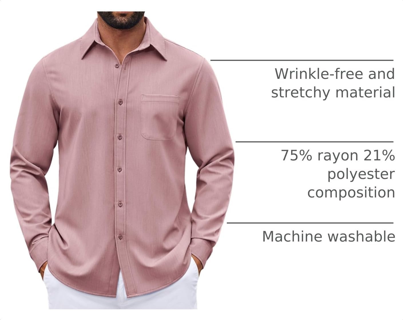 image:imageCOOFANDY Mens Dress Shirts Untucked Long Sleeve Button Down Denim Shirt Stretch Business Casual ShirtsPink