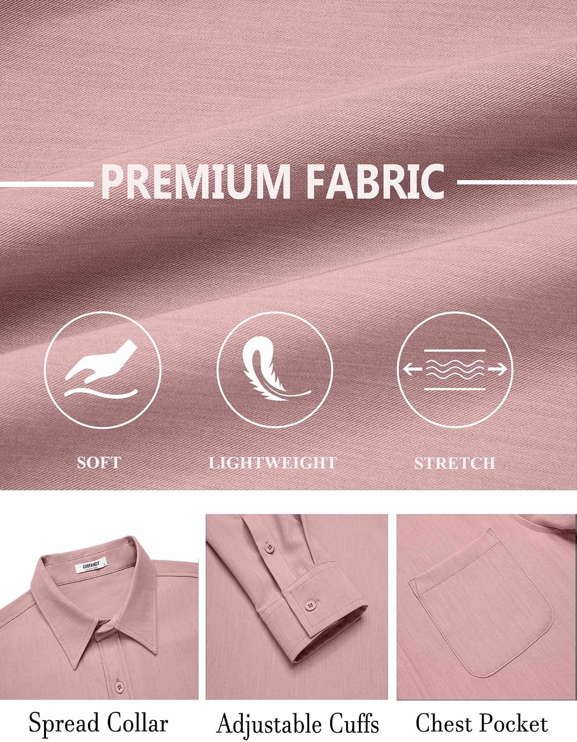 image:imageCOOFANDY Mens Dress Shirts Untucked Long Sleeve Button Down Denim Shirt Stretch Business Casual ShirtsPink