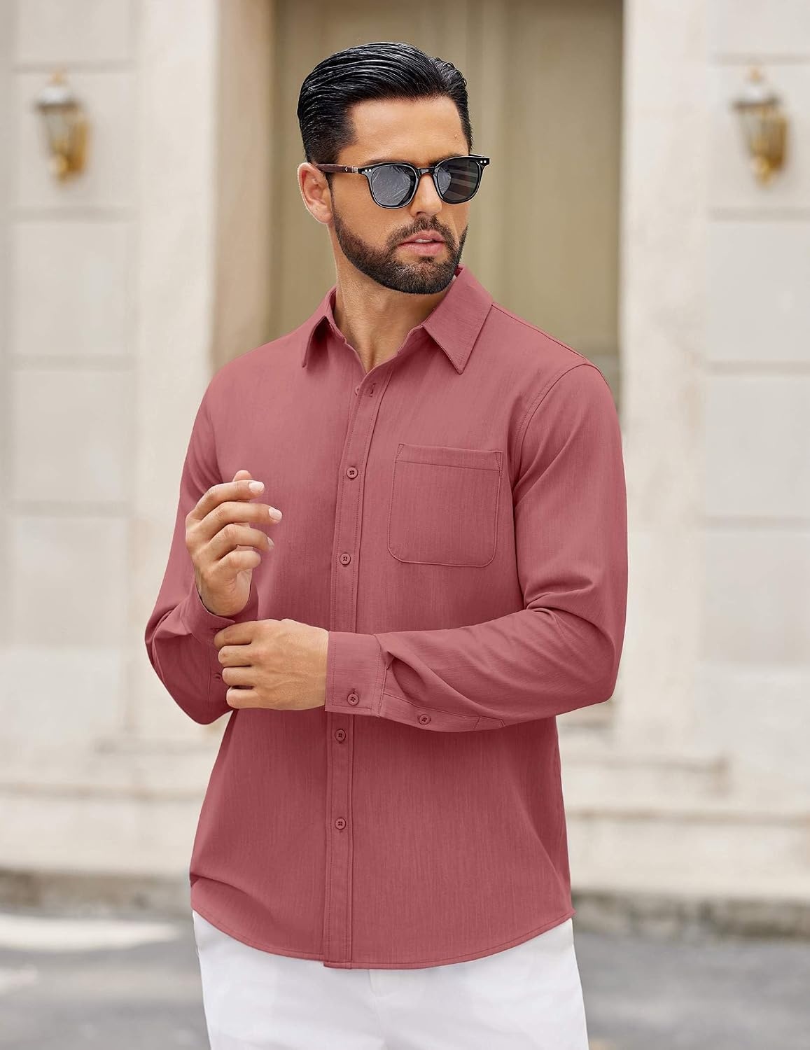 image:imageCOOFANDY Mens Dress Shirts Untucked Long Sleeve Button Down Denim Shirt Stretch Business Casual ShirtsRosy Red