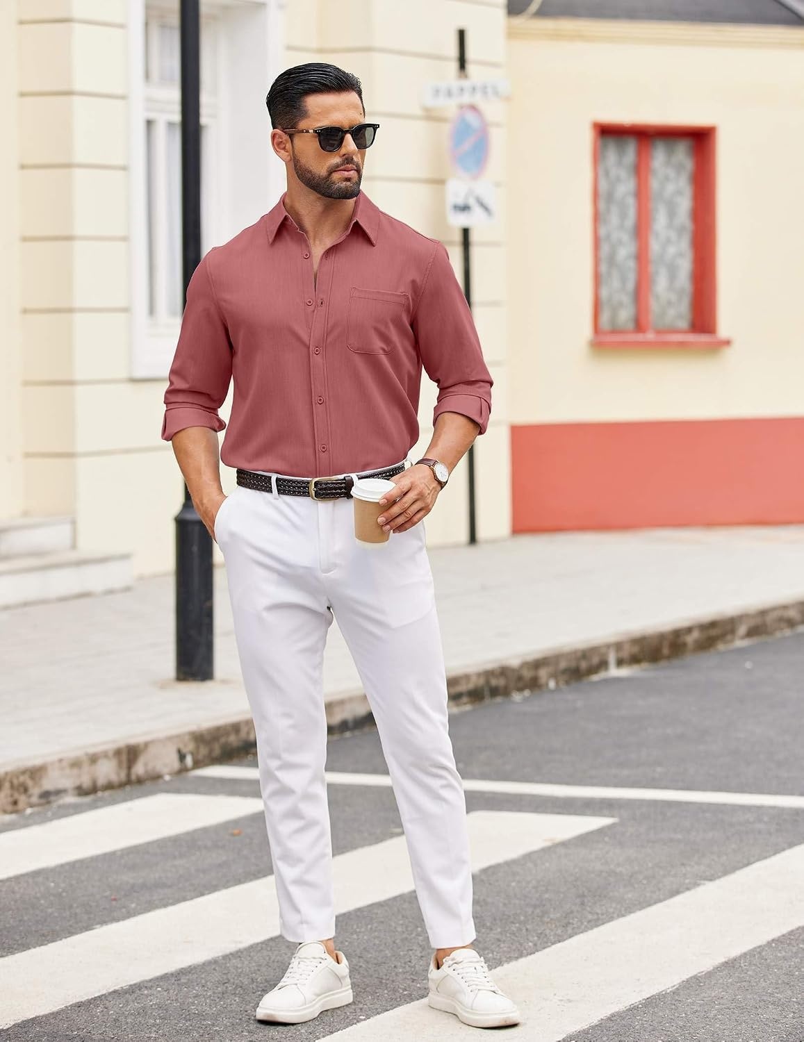 image:imageCOOFANDY Mens Dress Shirts Untucked Long Sleeve Button Down Denim Shirt Stretch Business Casual ShirtsRosy Red