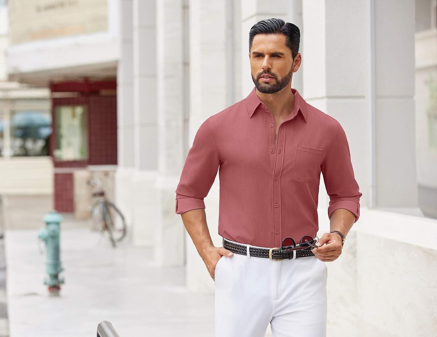 image:imageCOOFANDY Mens Dress Shirts Untucked Long Sleeve Button Down Denim Shirt Stretch Business Casual ShirtsRosy Red