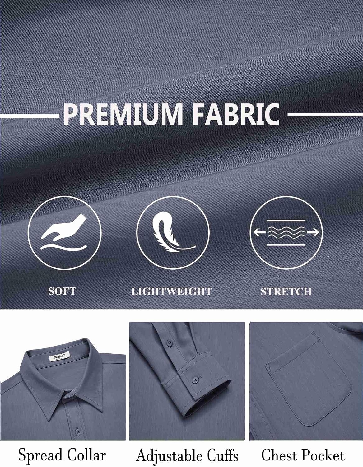 image:imageCOOFANDY Mens Dress Shirts Untucked Long Sleeve Button Down Denim Shirt Stretch Business Casual ShirtsStone Blue
