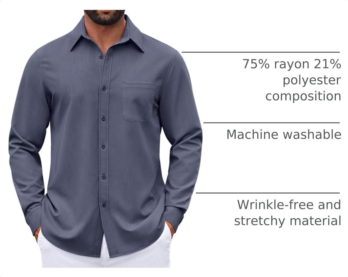 image:imageCOOFANDY Mens Dress Shirts Untucked Long Sleeve Button Down Denim Shirt Stretch Business Casual ShirtsStone Blue