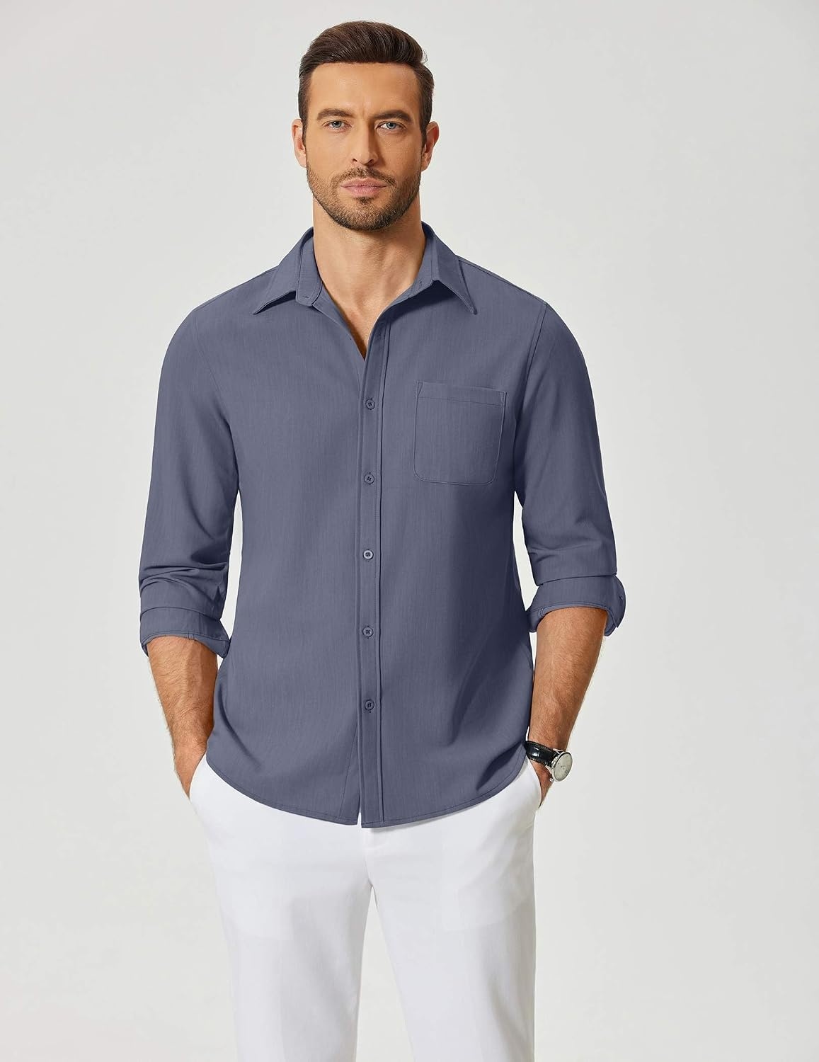 image:imageCOOFANDY Mens Dress Shirts Untucked Long Sleeve Button Down Denim Shirt Stretch Business Casual ShirtsStone Blue