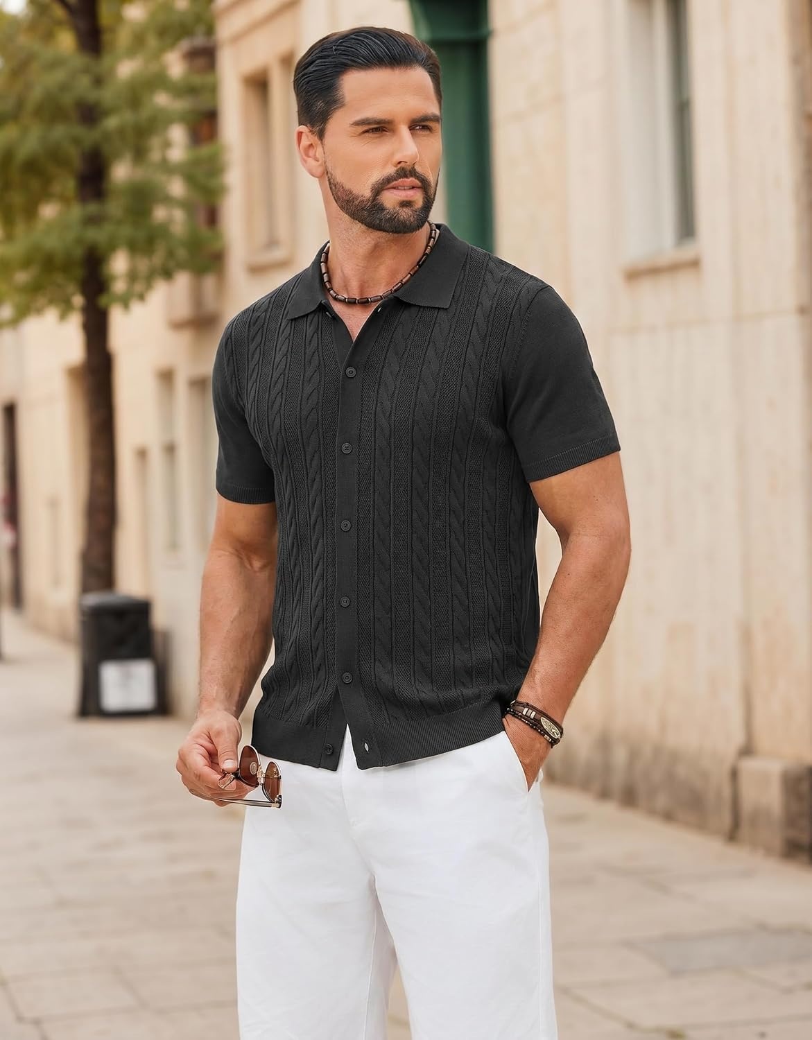 image:imageCOOFANDY Mens Knit Button Down Shirts Short Sleeve Polo Shirt Casual Vintage Summer Beach ShirtsBlack