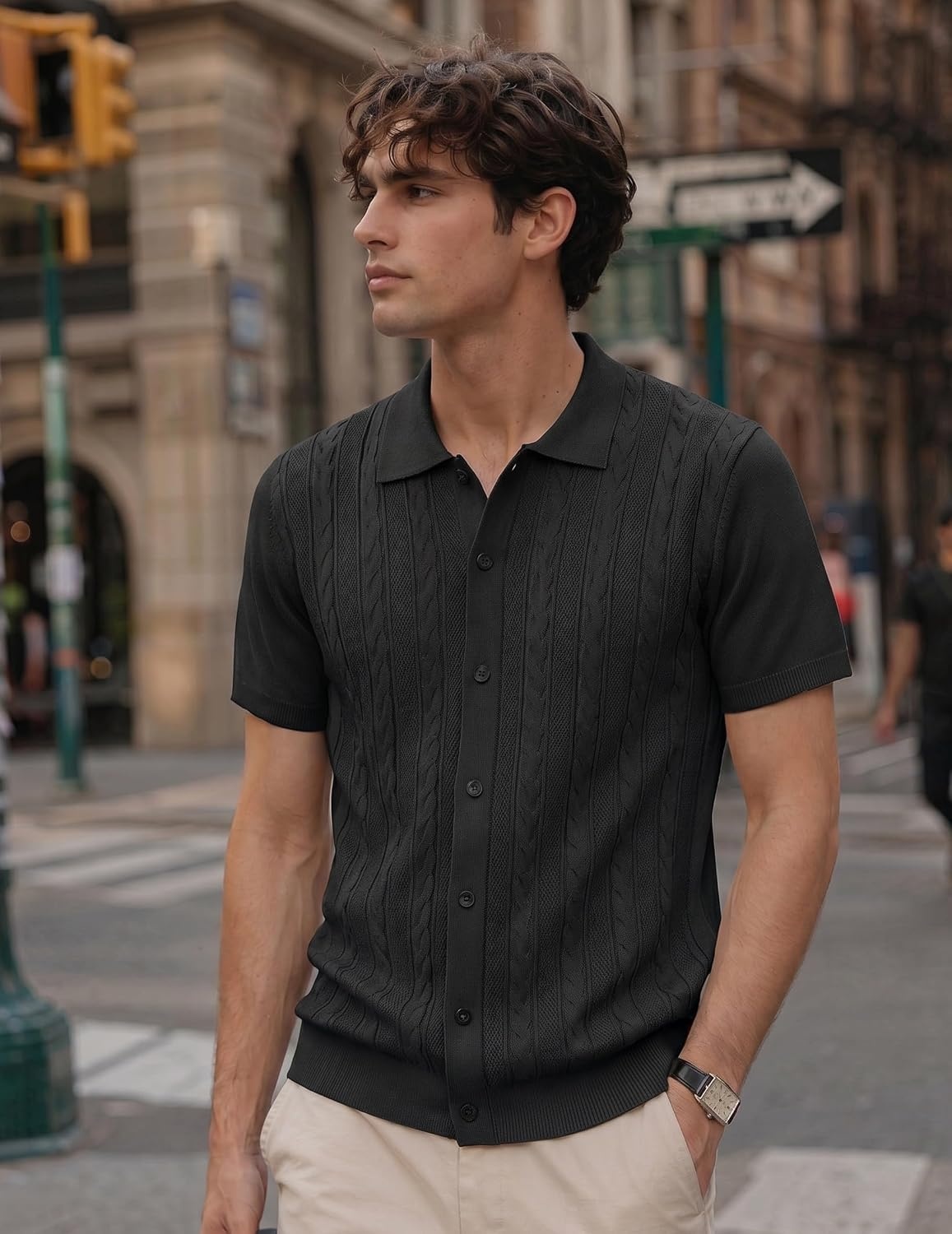 image:imageCOOFANDY Mens Knit Button Down Shirts Short Sleeve Polo Shirt Casual Vintage Summer Beach ShirtsBlack