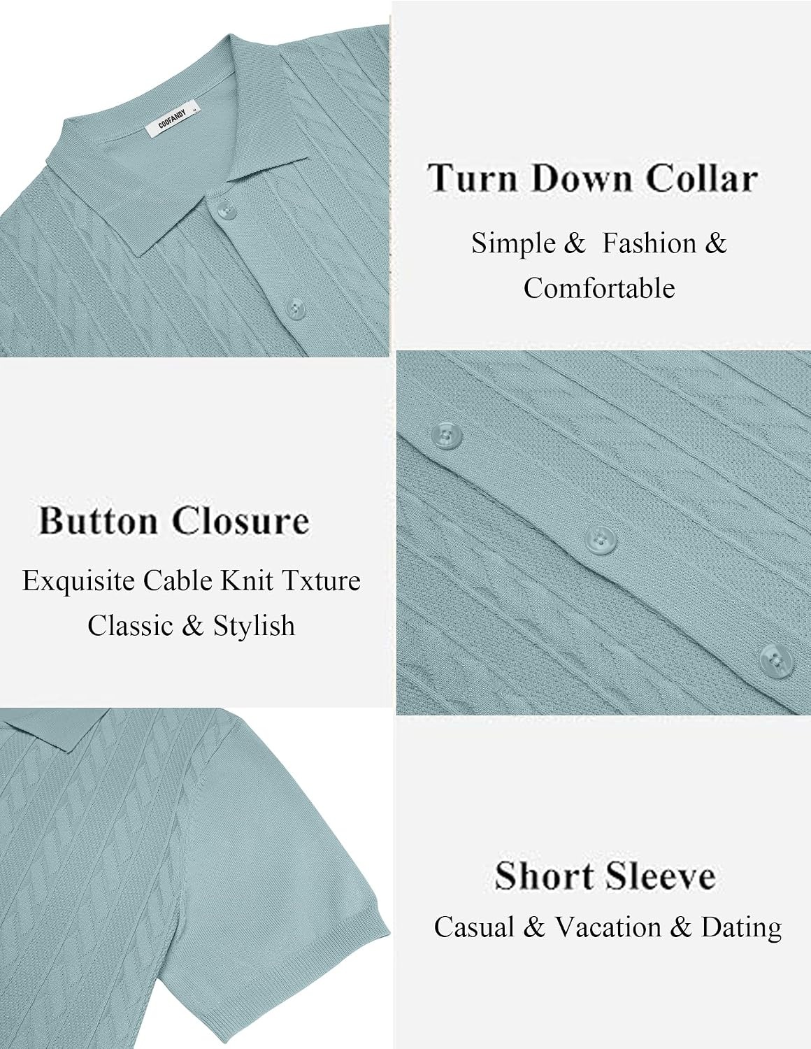 image:imageCOOFANDY Mens Knit Button Down Shirts Short Sleeve Polo Shirt Casual Vintage Summer Beach ShirtsIce Green