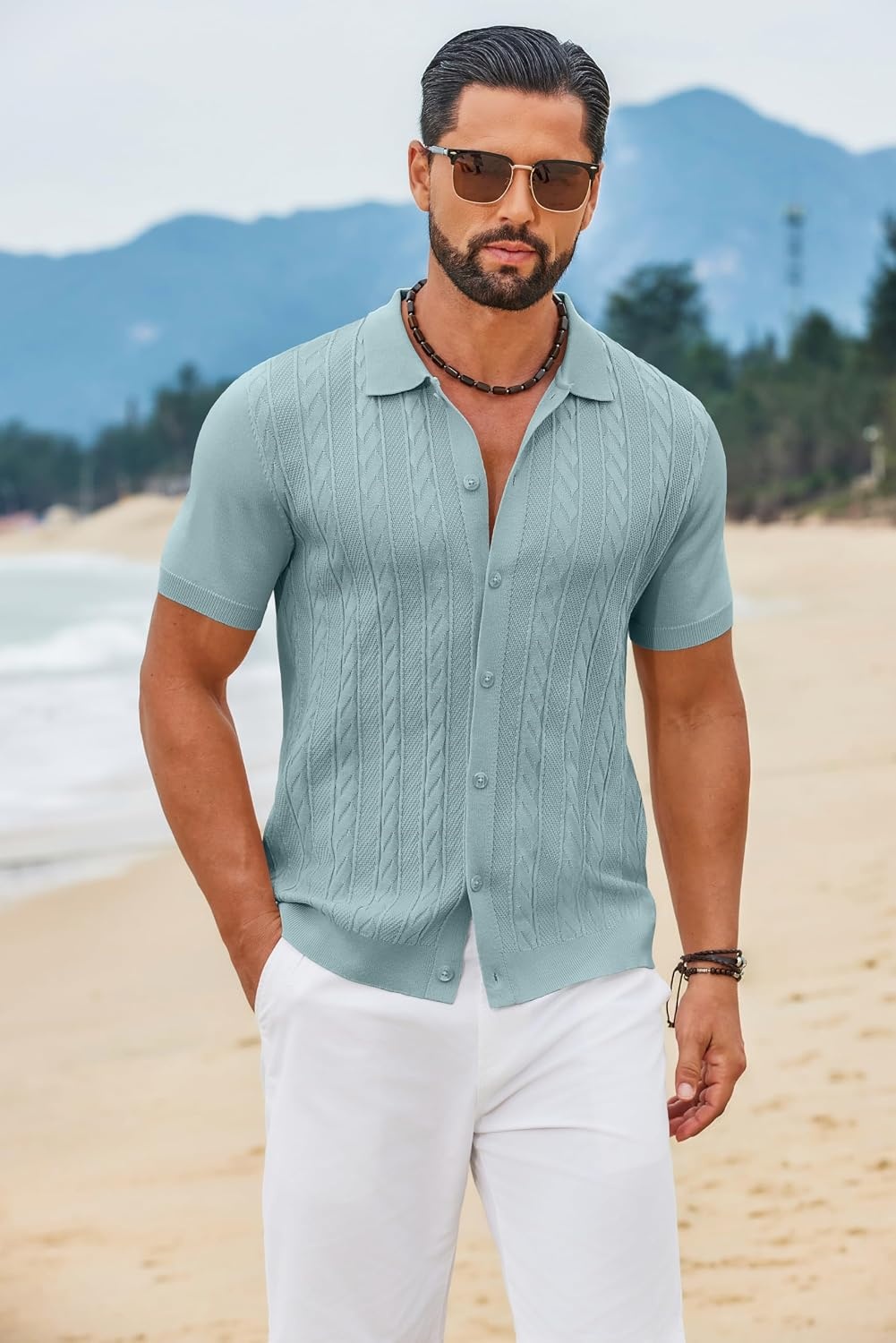 image:imageCOOFANDY Mens Knit Button Down Shirts Short Sleeve Polo Shirt Casual Vintage Summer Beach ShirtsIce Green