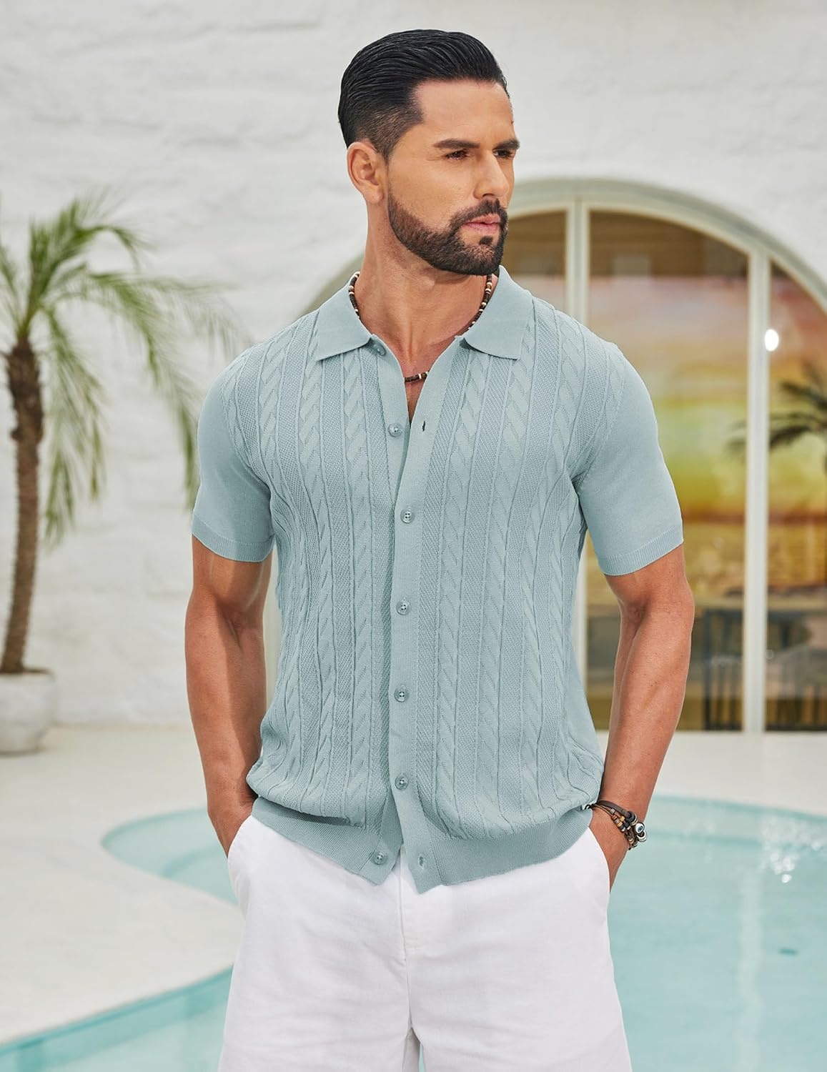 image:imageCOOFANDY Mens Knit Button Down Shirts Short Sleeve Polo Shirt Casual Vintage Summer Beach ShirtsIce Green