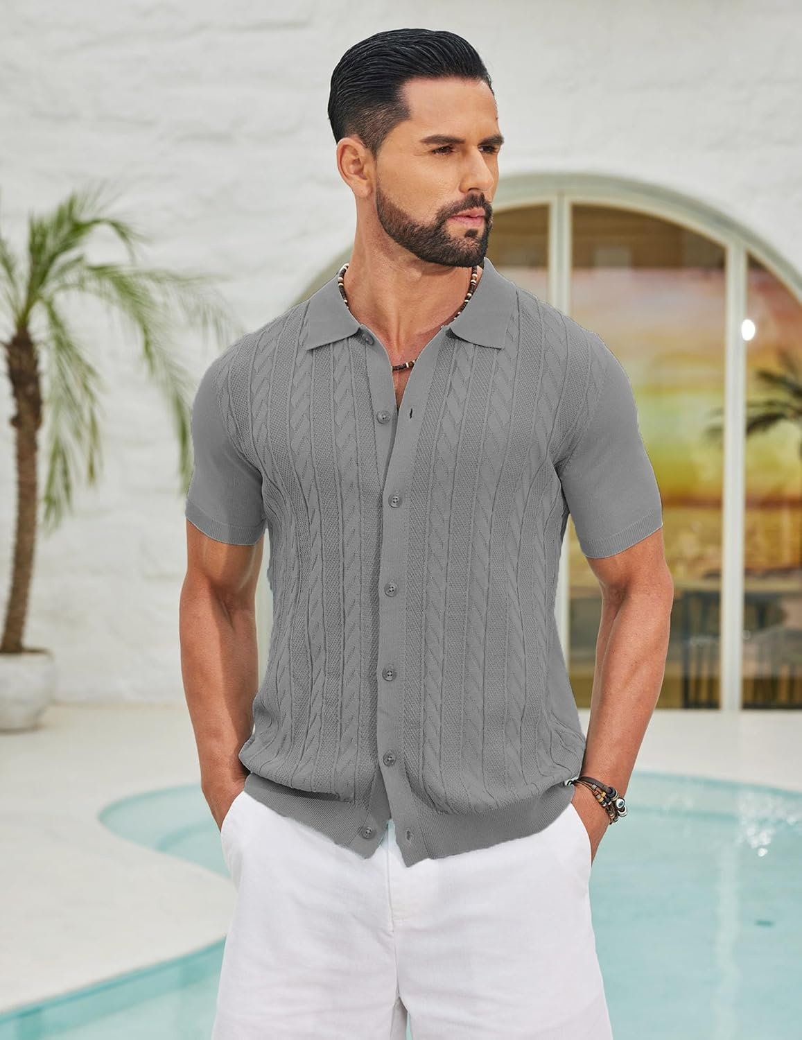image:imageCOOFANDY Mens Knit Button Down Shirts Short Sleeve Polo Shirt Casual Vintage Summer Beach ShirtsLight Gray