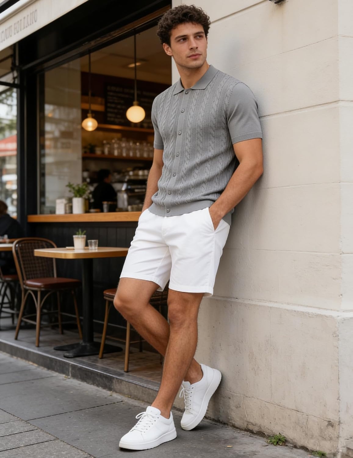 image:imageCOOFANDY Mens Knit Button Down Shirts Short Sleeve Polo Shirt Casual Vintage Summer Beach ShirtsLight Gray