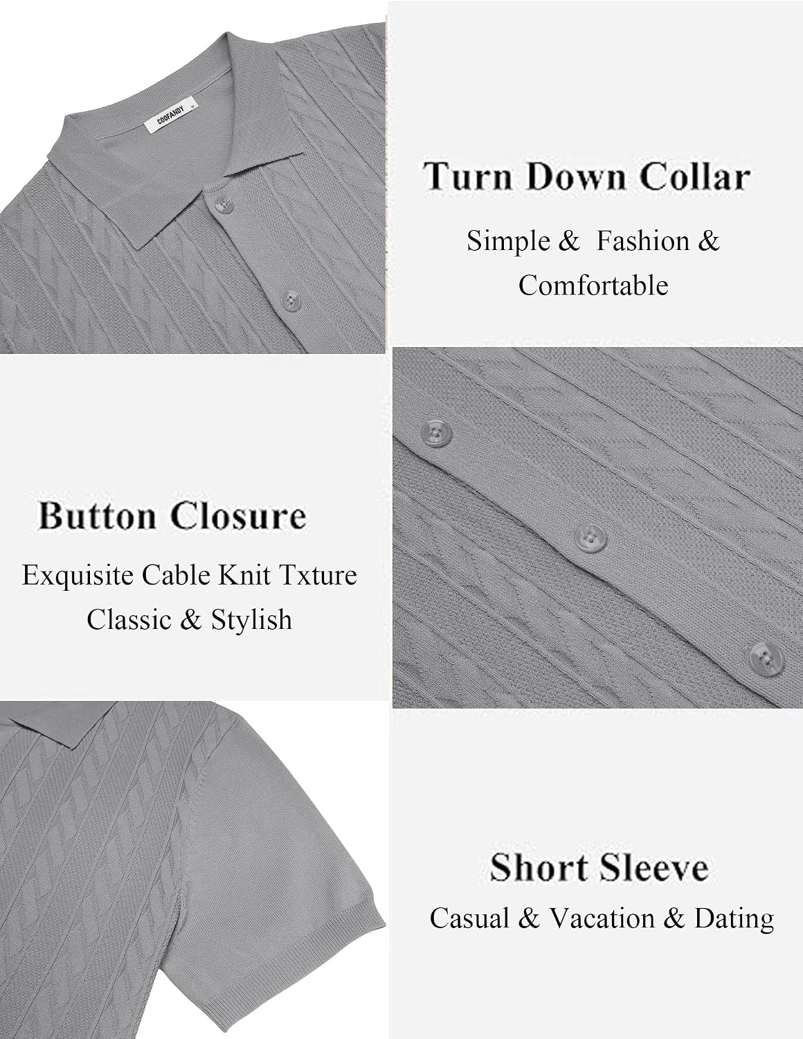 image:imageCOOFANDY Mens Knit Button Down Shirts Short Sleeve Polo Shirt Casual Vintage Summer Beach ShirtsLight Gray