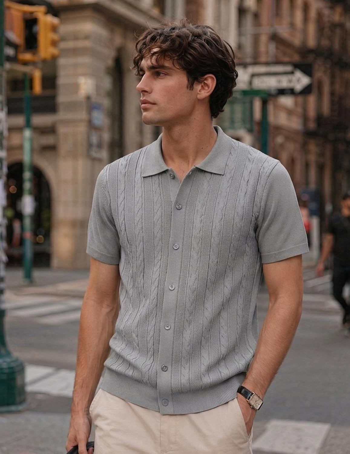 image:imageCOOFANDY Mens Knit Button Down Shirts Short Sleeve Polo Shirt Casual Vintage Summer Beach ShirtsLight Gray