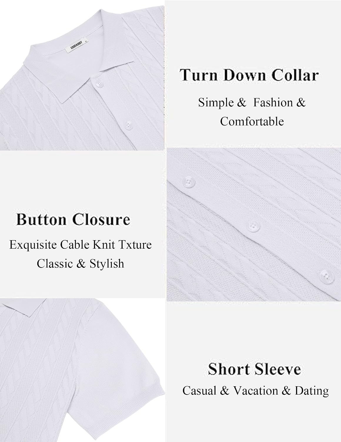 image:imageCOOFANDY Mens Knit Button Down Shirts Short Sleeve Polo Shirt Casual Vintage Summer Beach ShirtsWhite