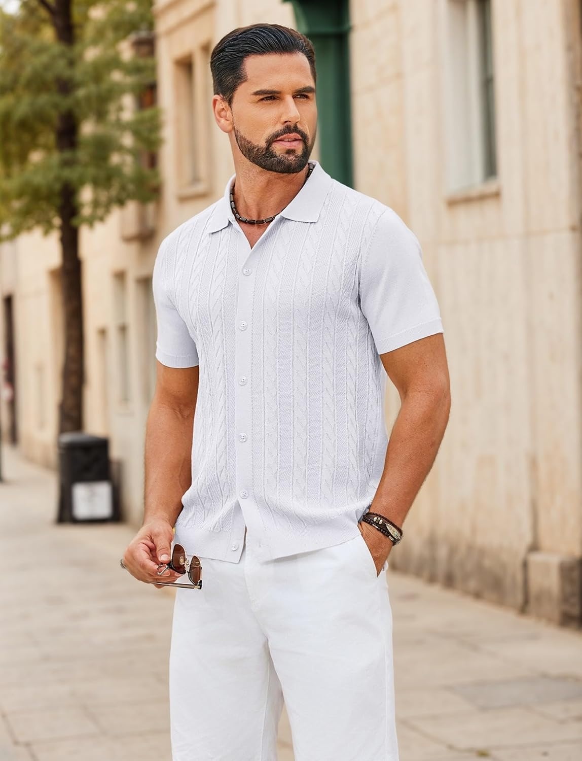 image:imageCOOFANDY Mens Knit Button Down Shirts Short Sleeve Polo Shirt Casual Vintage Summer Beach ShirtsWhite