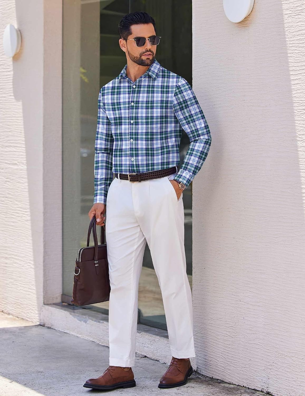 image:imageCOOFANDY Mens Wrinkle Free Plaid Dress Shirt Long Sleeve Button Down Shirt01blue Green Plaid